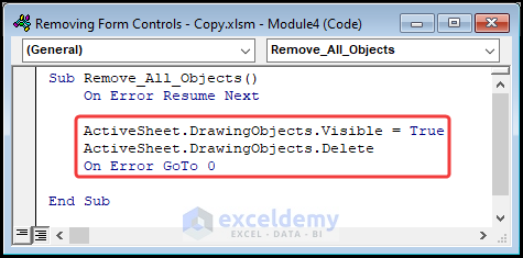 how to remove a form control in excel