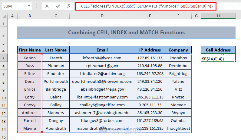 CELL,INDEX,MATCH functions to return Cell Address in Excel