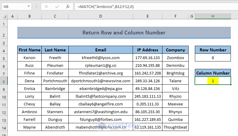 Return Column Address in Excel
