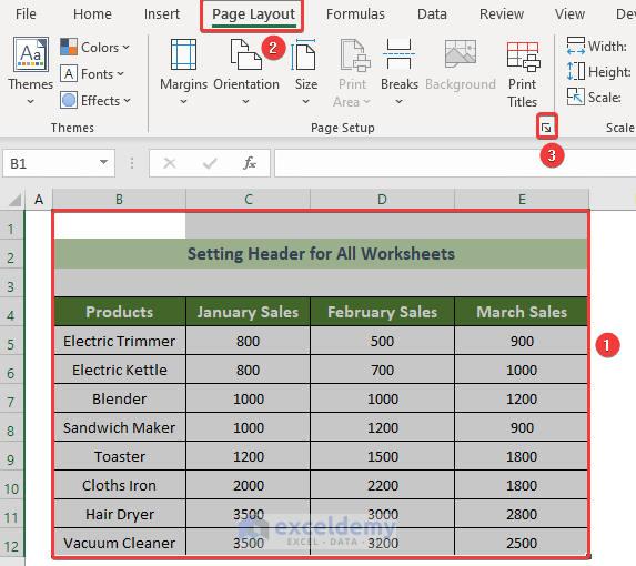 Access the Page Setup Icon to Set Header in Excel for All Pages