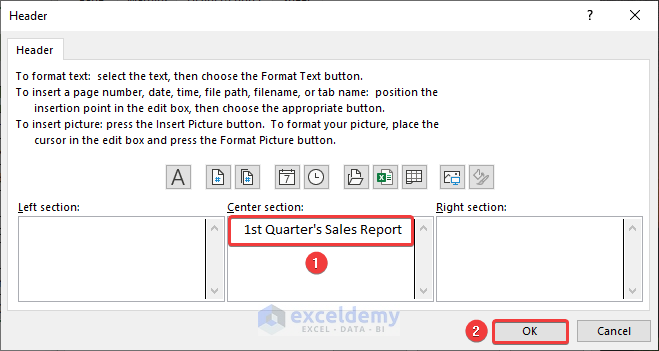Header Dialogue Box to Set Header in Excel for All Pages