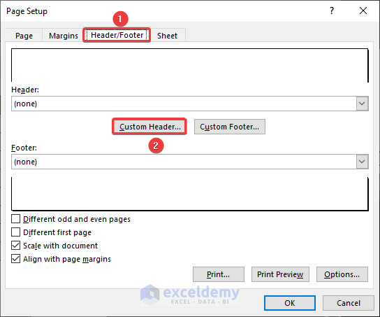 Page Setup Dialogue Box to Set Header in Excel for All Pages