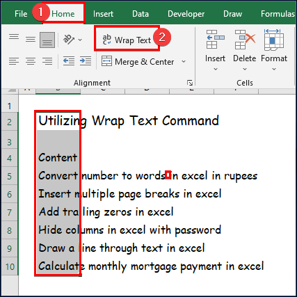 Utilizing Wrap Text Command to Show All Text in Excel Cell