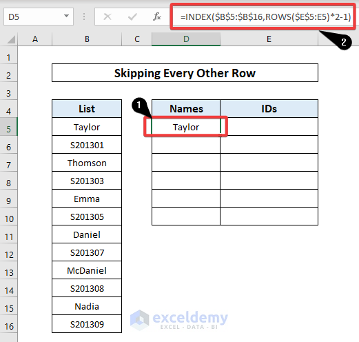 Skip Every Other Lines Using Excel Formula with INDEX & ROWS Functions