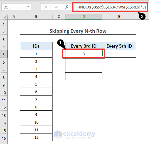 Enter INDEX and ROWS functions to skip N-th lines in Excel