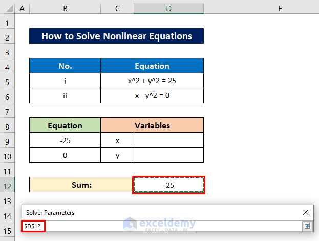 Insert Objective and Variable Cells to Solve Nonlinear Equations in Excel
