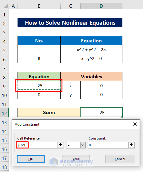 Insert Cell Reference and Constraints to Solve Nonlinear Equations in Excel