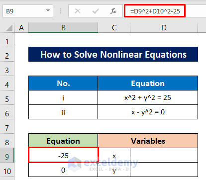 Insert Equation to Solve Nonlinear Equations in Excel
