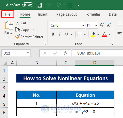 Activate Solver Add-in to Solve Nonlinear Equations in Excel