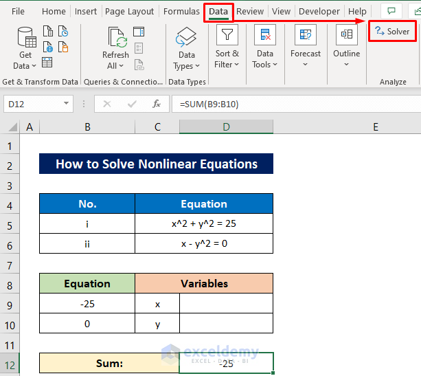 Open Solver Add-in to Solve Nonlinear Equations in Excel