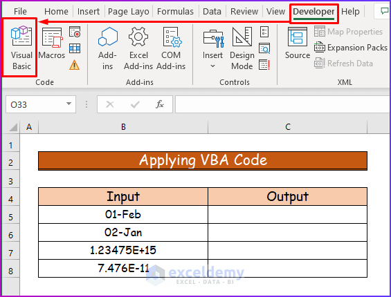 Selecting Developer Tab for Applying VBA Code to Stop Excel from Auto Formatting Numbers