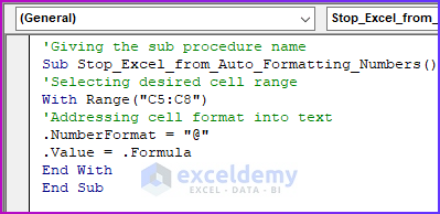 Creating Code in Module for Applying VBA Code to Stop Excel from Auto Formatting Numbers