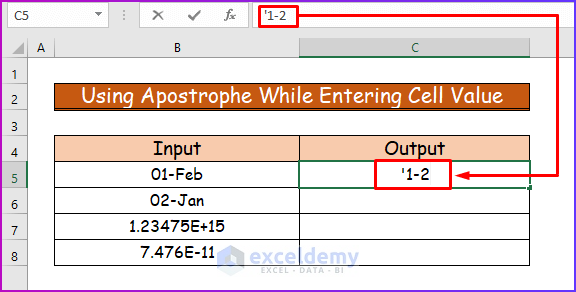 Using Apostrophe While Entering Cell Value to Stop Excel from Auto Formatting Numbers