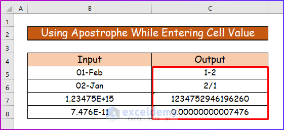 Showing Final Result of Using Apostrophe While Entering Cell Value to Stop Excel from Auto Formatting Numbers