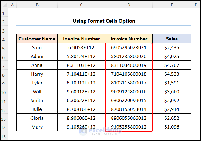 Results of how to stop excel from changing numbers to scientific notation with Format Cells Option