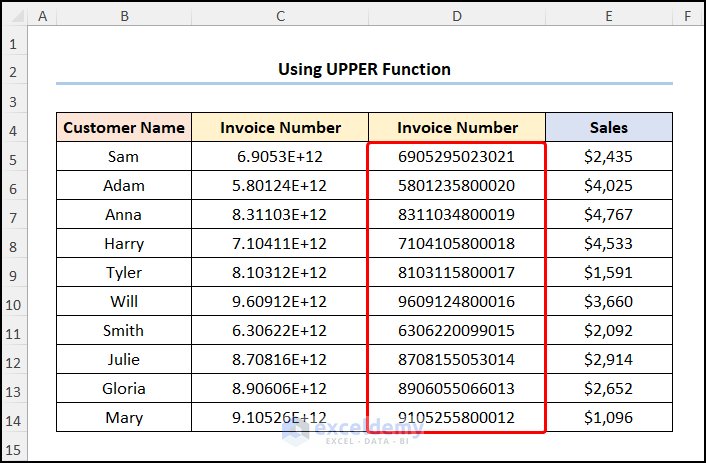 Results of how to stop excel from changing numbers to scientific notation with Upper Function