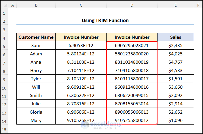Results of how to stop excel from changing numbers to scientific notation with Trim function