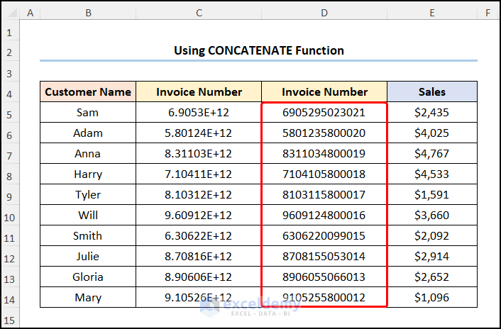 Results with how to stop excel from changing numbers to scientific notation using Concatenate function