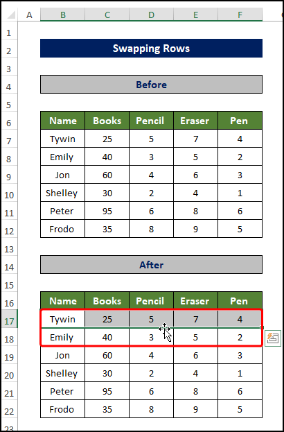 Swap cell values of rows in Excel