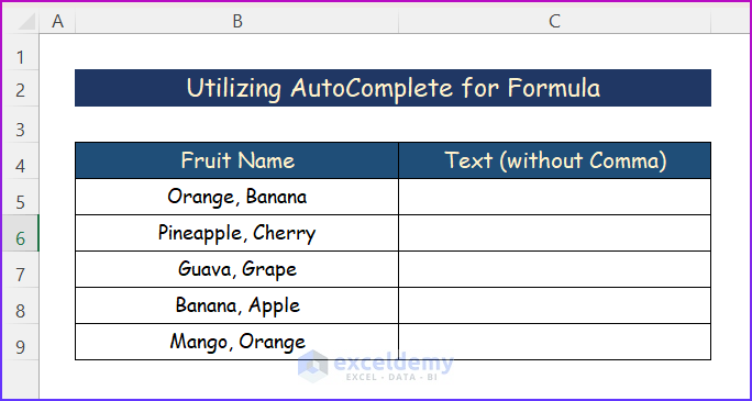 Sample Dataset for Utilizing AutoComplete for Formula in Excel
