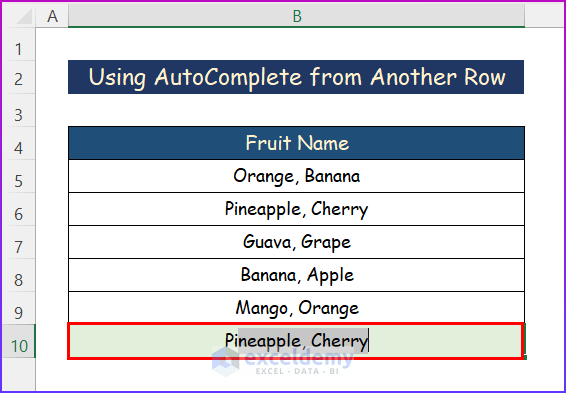 Using AutoComplete from Another Row in Excel