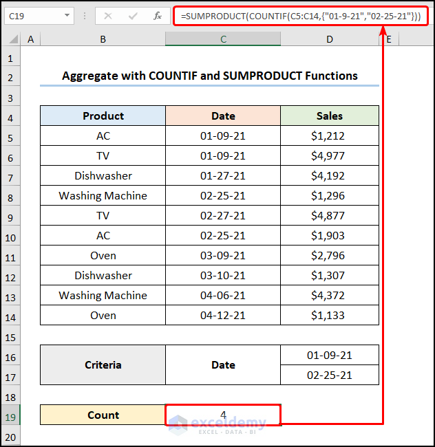 Aggregate with COUNTIF and SUMPRODUCT Functions
