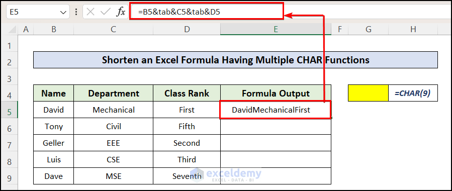 Inserting formula to combine texts with tab between them