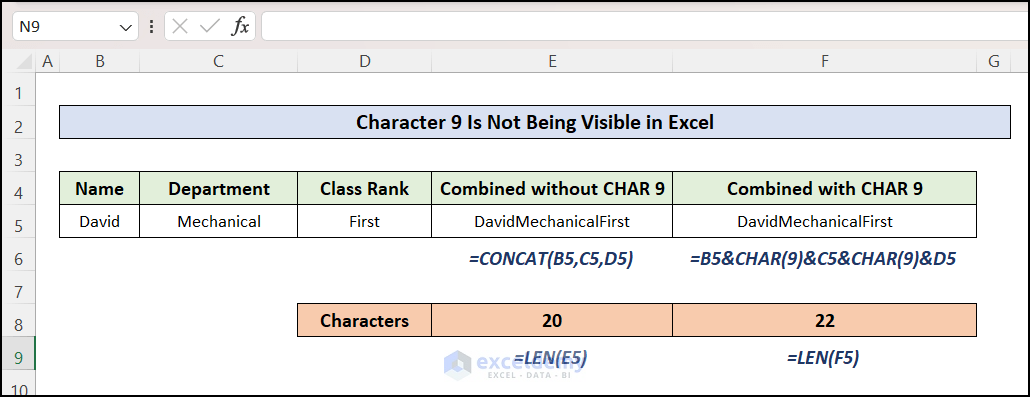 Character 9 Is Not Visible in Excel