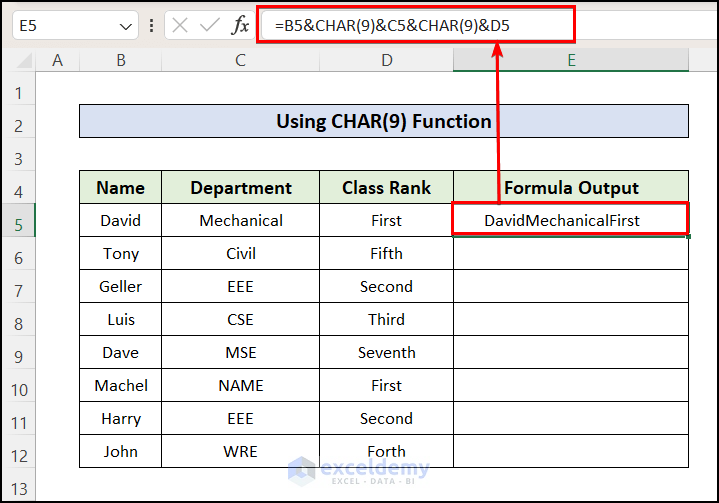 Insert Tab Character within String Using CHAR Function in Excel