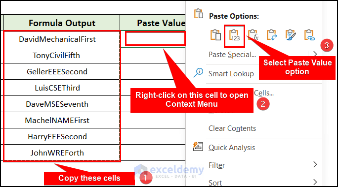 Apply paste value for the selected cells
