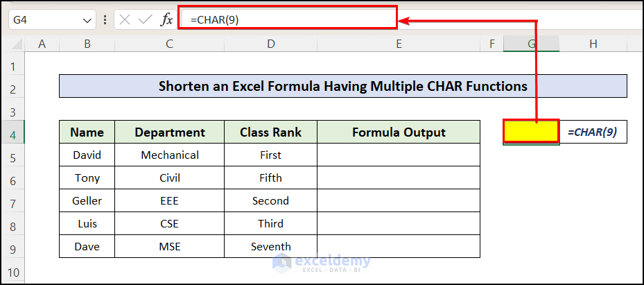 Inserting CHAR 9 as formula in an Excel cell