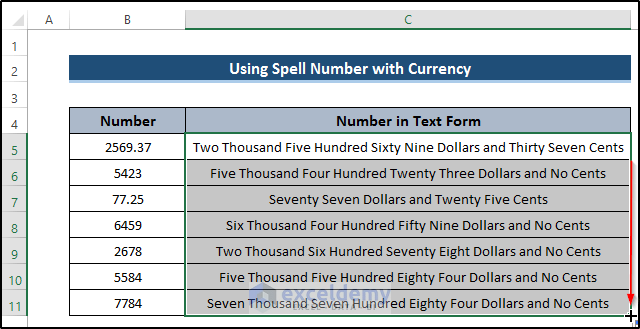 Applying Spell Number for Dollars in Excel