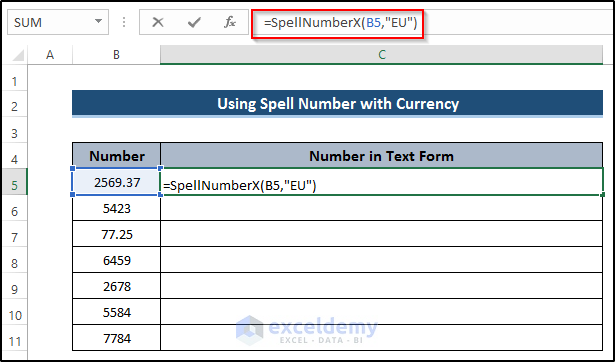 Using Spell Number for Euros in Excel