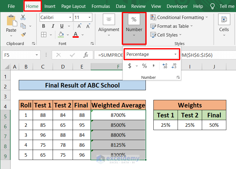 Change number format to calculate average of averages in Excel