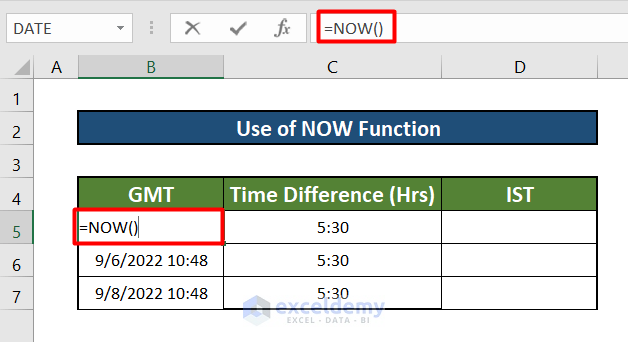NOW Function to Convert GMT to IST in Excel