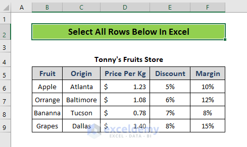 how to select all rows below in excel