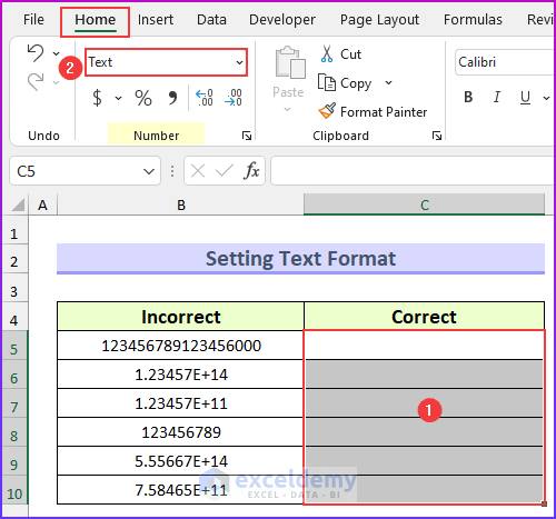 Setting Text Format to Solve Long Numbers Are Displayed Incorrectly in Excel