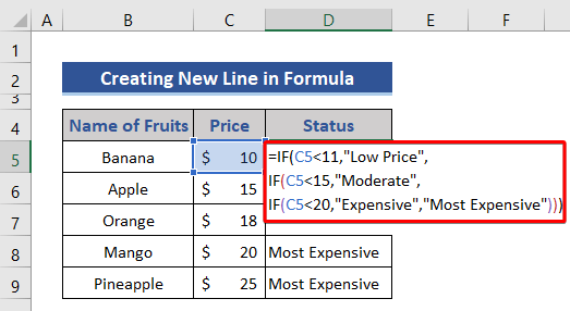 Added new line in formula of Excel