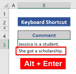 Apply a keyboard shortcut to go next line in Excel