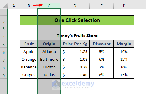 select all rows below a column