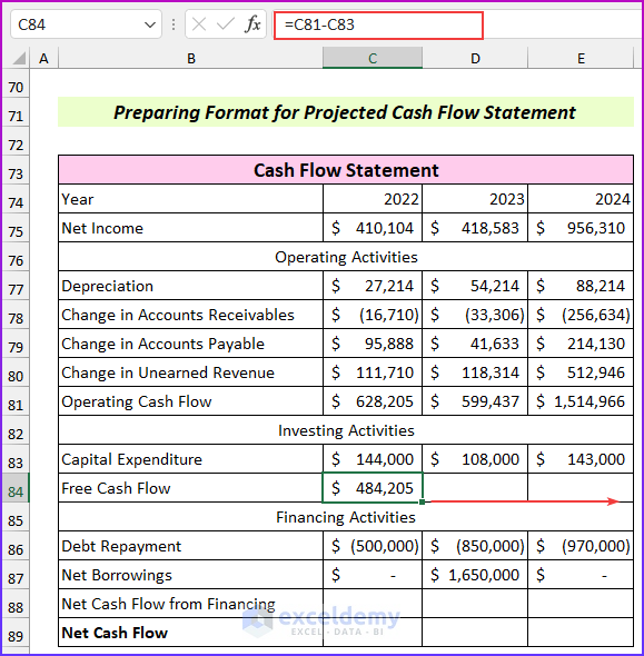Free Cash Flow from Projected Financial Statements in Excel Format