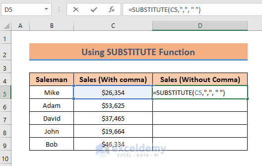 SUBSTITUTE function to Remove Comma from Currency in Excel