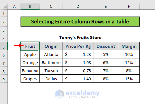 select all rows below in a table