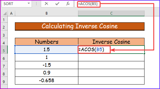 Applying ACOS Function for Calculating Inverse Cosine in Excel