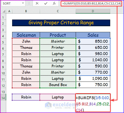 Giving Proper Criteria Range as A Suitable Solution If SUMIFS Is Not Working with Multiple Criteria 