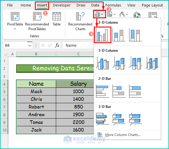 Inserting Clustered Column Chart for Removing Data Series from Chart as a Suitable Solution If Vary Colors by Point Is Not Available in Excel 