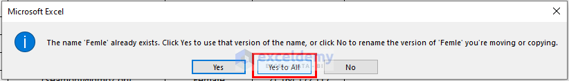 Click Yes to All on Name Conflict Error Box in Excel