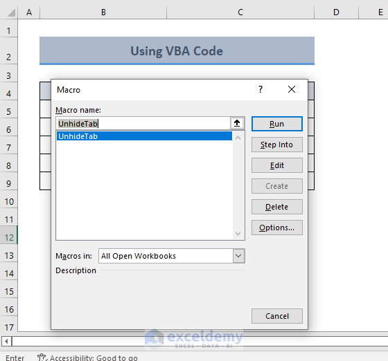 VBA macro dialog box to unhide sheet tab