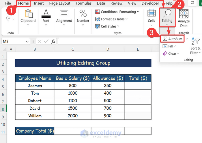 Utilizing Editing Group to Show How to Use AutoSum in Excel