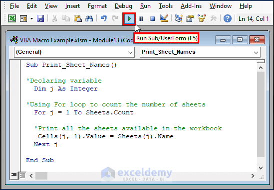  Printing Sheet Name for Creating VBA Macro Example in Excel